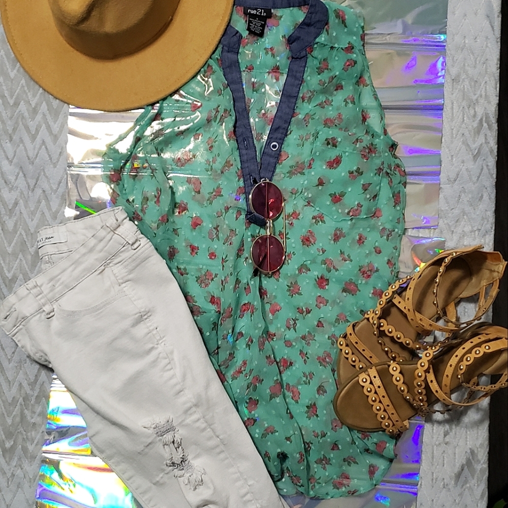(2 for $10) Sheer Textured Chambray Floral Blouse
